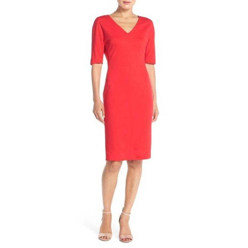 Eliza J V-Neck Crepe Sheath Dress Red 16